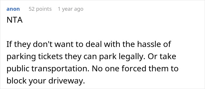Text screenshot discussing parking and a blocked driveway. Text screenshot discussing parking and a blocked driveway.