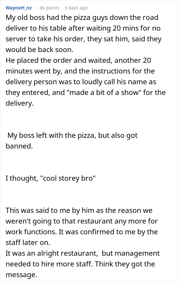 Text screenshot of a boss waiting 40 minutes for service, orders pizza delivery to restaurant table. Text screenshot of a boss waiting 40 minutes for service, orders pizza delivery to restaurant table.