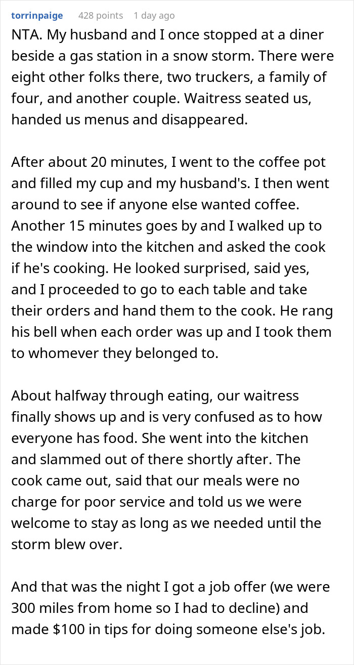 Text story about forgotten diners at a snowstorm-hit diner, describing the self-service experience. Text story about forgotten diners at a snowstorm-hit diner, describing the self-service experience.