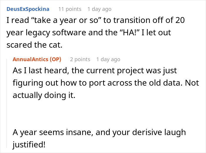 Text exchange discussing chaos of transitioning from legacy software. Text exchange discussing chaos of transitioning from legacy software.