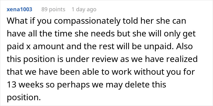 Comment discussing bereavement leave for employee after miscarriage. Comment discussing bereavement leave for employee after miscarriage.