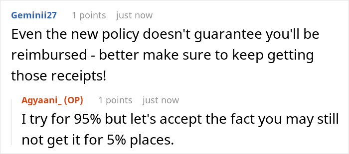 Reddit comments discussing reimbursement policy and importance of keeping receipts. Reddit comments discussing reimbursement policy and importance of keeping receipts.