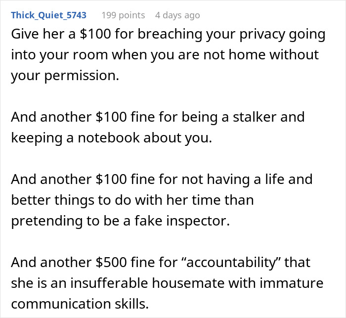 Text criticizing roommate for creating fines over privacy breaches and imaginary house rules, highlighting conflict. Text criticizing roommate for creating fines over privacy breaches and imaginary house rules, highlighting conflict.