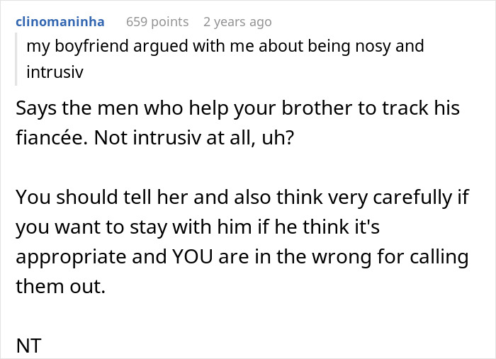 Text conversation about a man telling his girlfriend to mind her business after spying on her brother's fiancée. Text conversation about a man telling his girlfriend to mind her business after spying on her brother's fiancée.