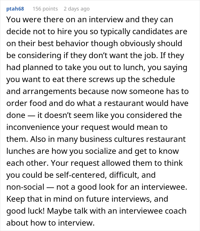 Comment discussing a company rejecting a candidate for preferring in-office lunch. Comment discussing a company rejecting a candidate for preferring in-office lunch.