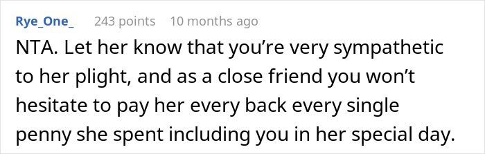 Reddit comment discussing refusal to pay for wedding after being uninvited. Reddit comment discussing refusal to pay for wedding after being uninvited.