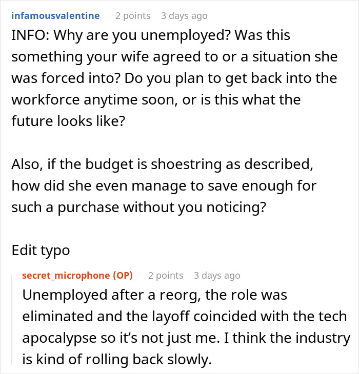 Reddit user discussion on an expensive unwanted gift and unemployment. Reddit user discussion on an expensive unwanted gift and unemployment.
