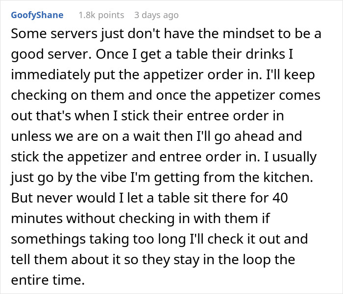 Text about a server's approach to serving tables, mentioning a 40-minute wait experience. Text about a server's approach to serving tables, mentioning a 40-minute wait experience.