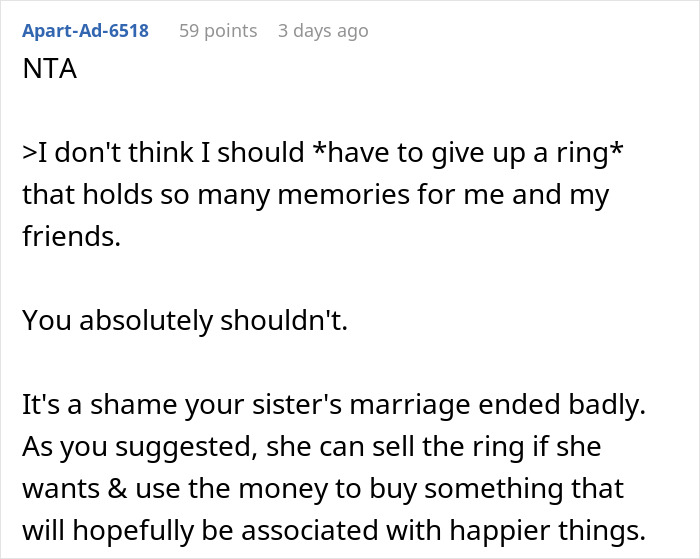 Text conversation about a sister's conflict over an heirloom ring and emotional attachments. Text conversation about a sister's conflict over an heirloom ring and emotional attachments.