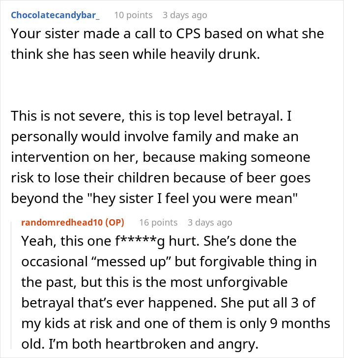 Online forum discussion about sibling betrayal after CPS call. Online forum discussion about sibling betrayal after CPS call.