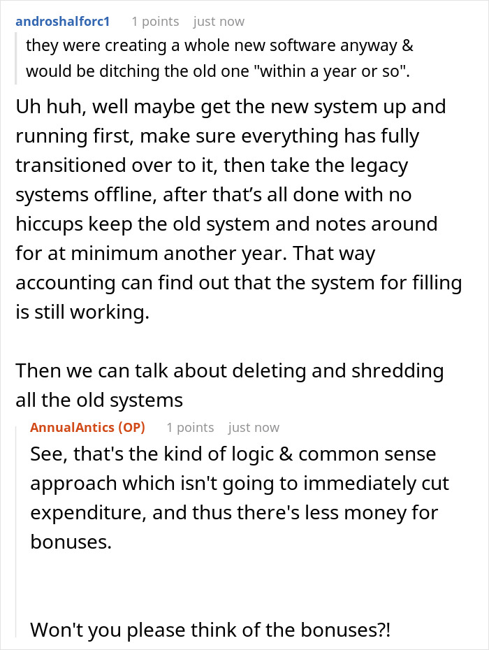Text discussion about management removing the team that knows the software, leading to chaos. Text discussion about management removing the team that knows the software, leading to chaos.