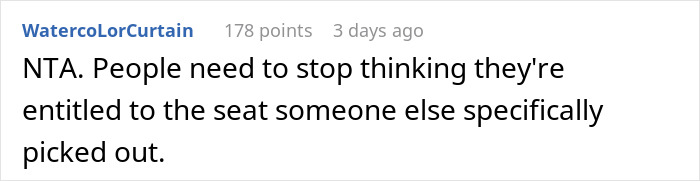 Comment discussing refusal to give up an aisle seat for a father and son. Comment discussing refusal to give up an aisle seat for a father and son.