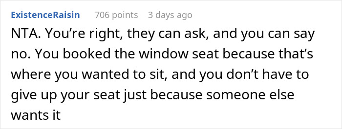 Reddit comment stating a person can refuse to switch from their booked window seat. Reddit comment stating a person can refuse to switch from their booked window seat.