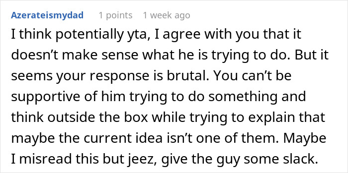 Comment discussing a woman's refusal to fund her boyfriend's "groundbreaking" research on inventing a new color. Comment discussing a woman's refusal to fund her boyfriend's "groundbreaking" research on inventing a new color.