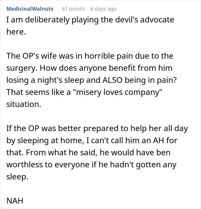 Discussion on man's decision to not stay with wife after C-section, exploring perspectives on support and rest. Discussion on man's decision to not stay with wife after C-section, exploring perspectives on support and rest.