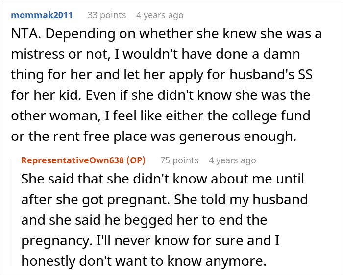 Reddit discussion about a woman refusing to fund her husband's affair child. Reddit discussion about a woman refusing to fund her husband's affair child.