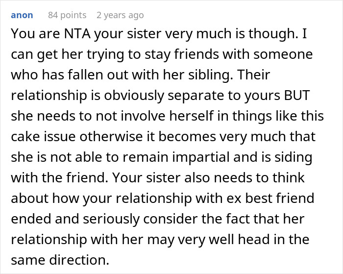 Text from a forum discussing a sister's involvement in a canceled wedding cake order issue between friends. Text from a forum discussing a sister's involvement in a canceled wedding cake order issue between friends.