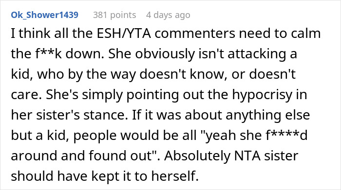 Reddit comment about a sister's stance on her baby not being real, addressing ESH/YTA opinions. Reddit comment about a sister's stance on her baby not being real, addressing ESH/YTA opinions.