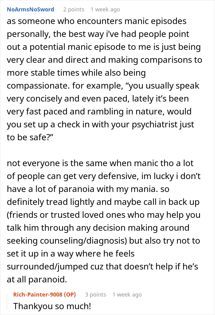 Discussion thread about managing manic episodes with advice and appreciation comments. Discussion thread about managing manic episodes with advice and appreciation comments.
