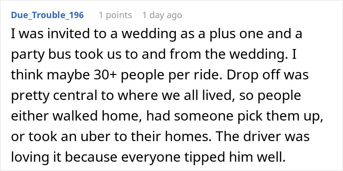Wedding guest recounts taxi ride for 30+ attendees, noting central drop-off, multiple transport options, and happy driver. Wedding guest recounts taxi ride for 30+ attendees, noting central drop-off, multiple transport options, and happy driver.