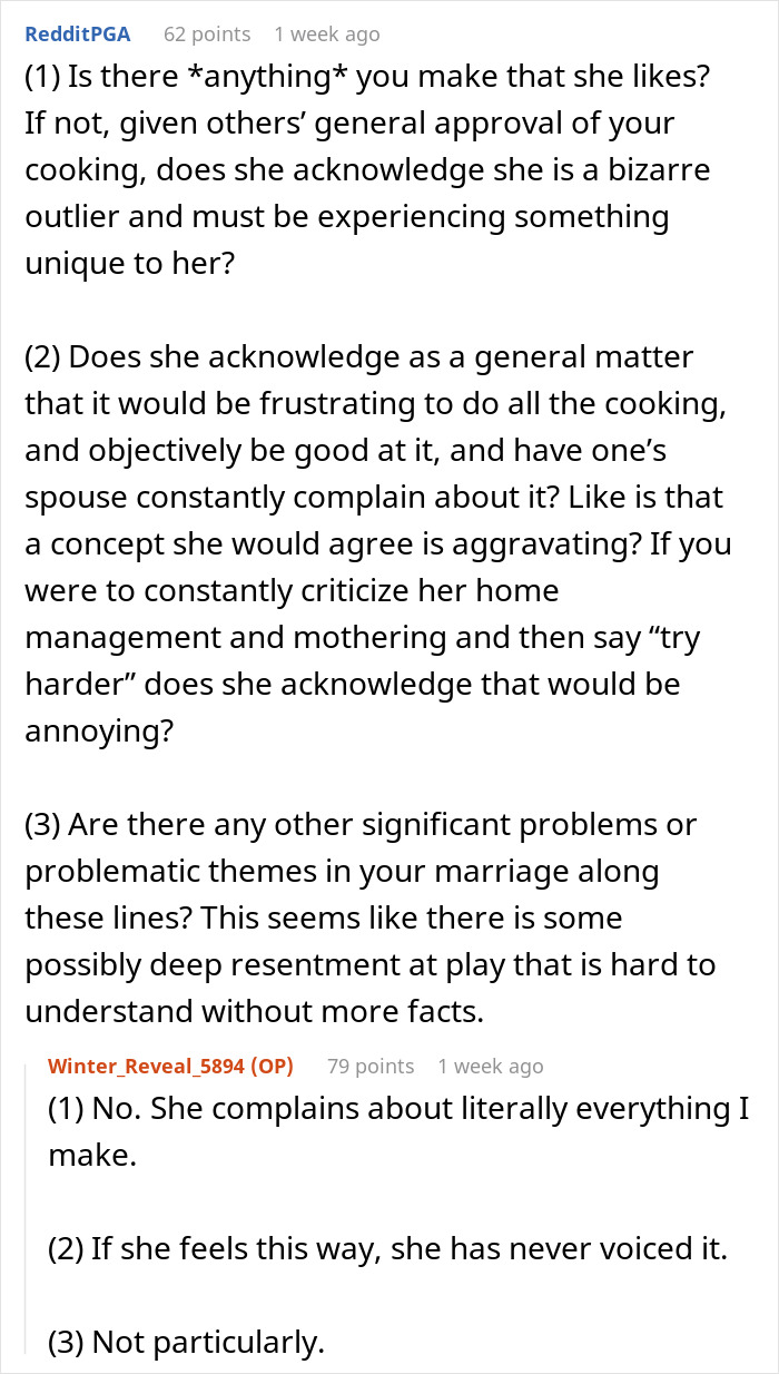Text discussion highlighting husband-wife cooking drama and related marital issues. Text discussion highlighting husband-wife cooking drama and related marital issues.