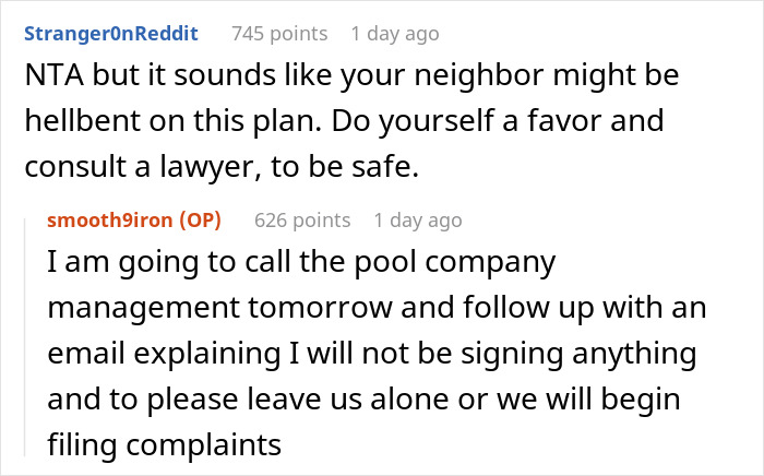 Reddit comments discussing neighbors, legal advice, and pool company management related to yard use. Reddit comments discussing neighbors, legal advice, and pool company management related to yard use.