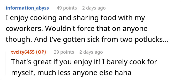 Comments discussing experiences at a company potluck, mentioning cooking and getting sick. Comments discussing experiences at a company potluck, mentioning cooking and getting sick.