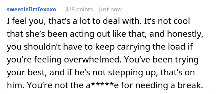 Supportive message about husband-daughter responsibility, encouraging balance and addressing feeling overwhelmed. Supportive message about husband-daughter responsibility, encouraging balance and addressing feeling overwhelmed.