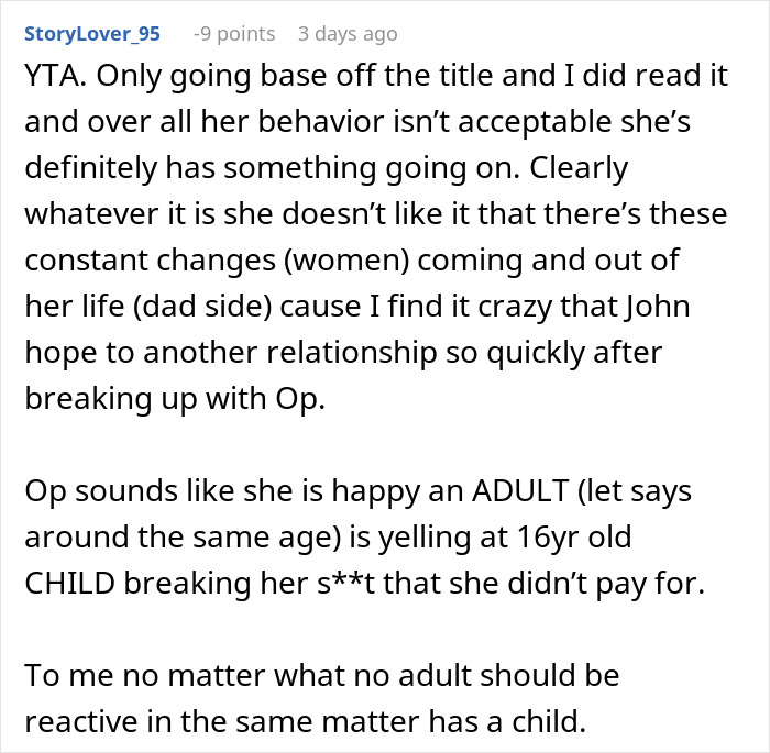 Reddit comment criticizing a teen's behavior toward her dad's new girlfriend. Reddit comment criticizing a teen's behavior toward her dad's new girlfriend.