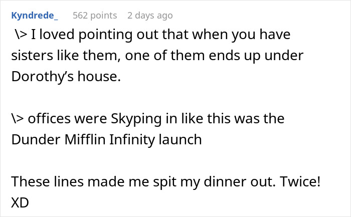 Text conversation about company appreciation potluck with humorous references to Dorothy's house and Dunder Mifflin. Text conversation about company appreciation potluck with humorous references to Dorothy's house and Dunder Mifflin.