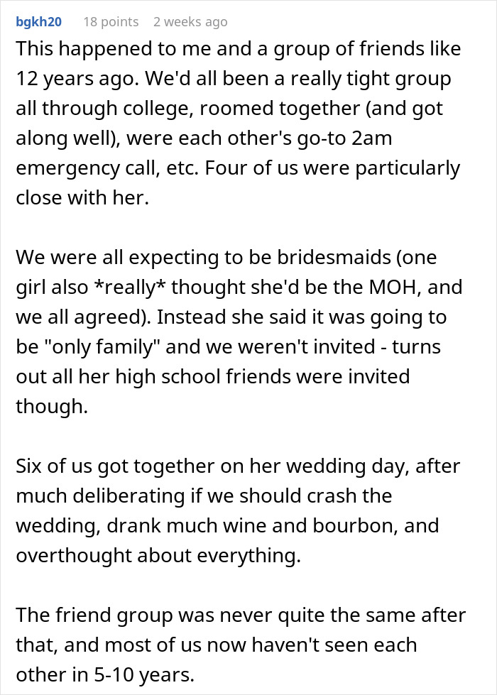 Text screenshot about a woman expecting to be bridesmaid but not being invited to her best friend's wedding. Text screenshot about a woman expecting to be bridesmaid but not being invited to her best friend's wedding.