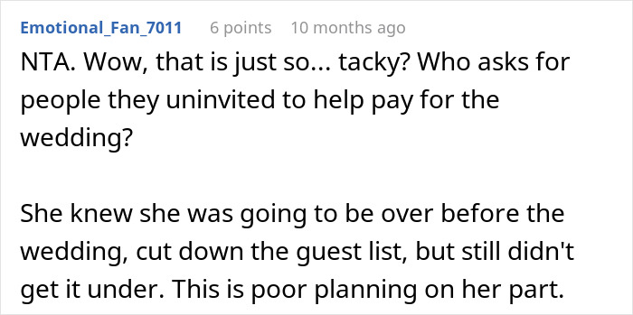 Comment criticizing planning, questioning if it's fair for uninvited guests to pay for a wedding. Comment criticizing planning, questioning if it's fair for uninvited guests to pay for a wedding.