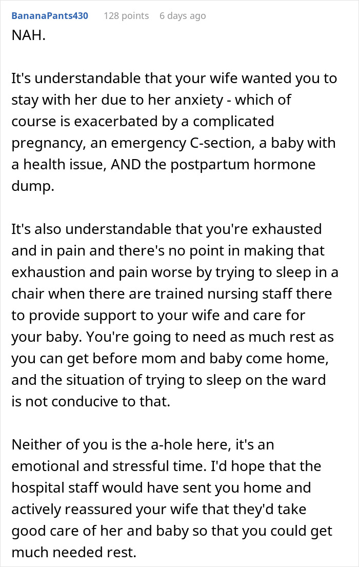 Reddit comment discussing a man's decision not to stay with his wife after her C-section, addressing emotional stress. Reddit comment discussing a man's decision not to stay with his wife after her C-section, addressing emotional stress.