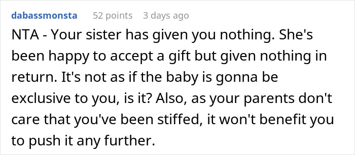 Reddit comment about pregnancy announcement not being a valid Xmas present, addressing a sister's reaction. Reddit comment about pregnancy announcement not being a valid Xmas present, addressing a sister's reaction.