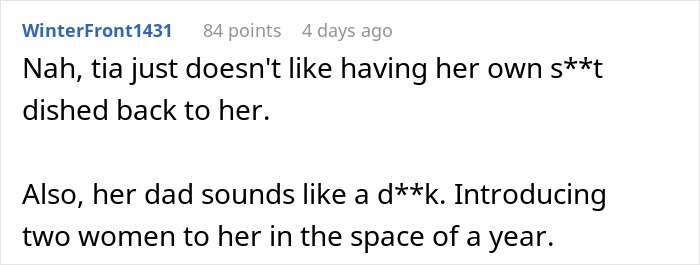 Comment discussing a teen's dislike for her dad's new girlfriend and her relationship with dad's ex-girlfriend. Comment discussing a teen's dislike for her dad's new girlfriend and her relationship with dad's ex-girlfriend.