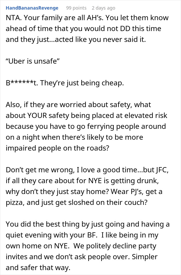 Text post discussing family New Year's Eve drama, mentioning safety concerns and preferring a quiet night at home. Text post discussing family New Year's Eve drama, mentioning safety concerns and preferring a quiet night at home.