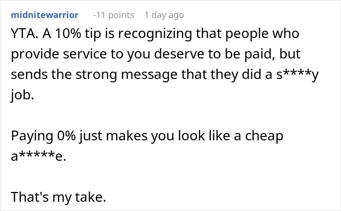 Reddit comment discussing tipping etiquette, highlighting the importance of acknowledging service even with reduced tips. Reddit comment discussing tipping etiquette, highlighting the importance of acknowledging service even with reduced tips.