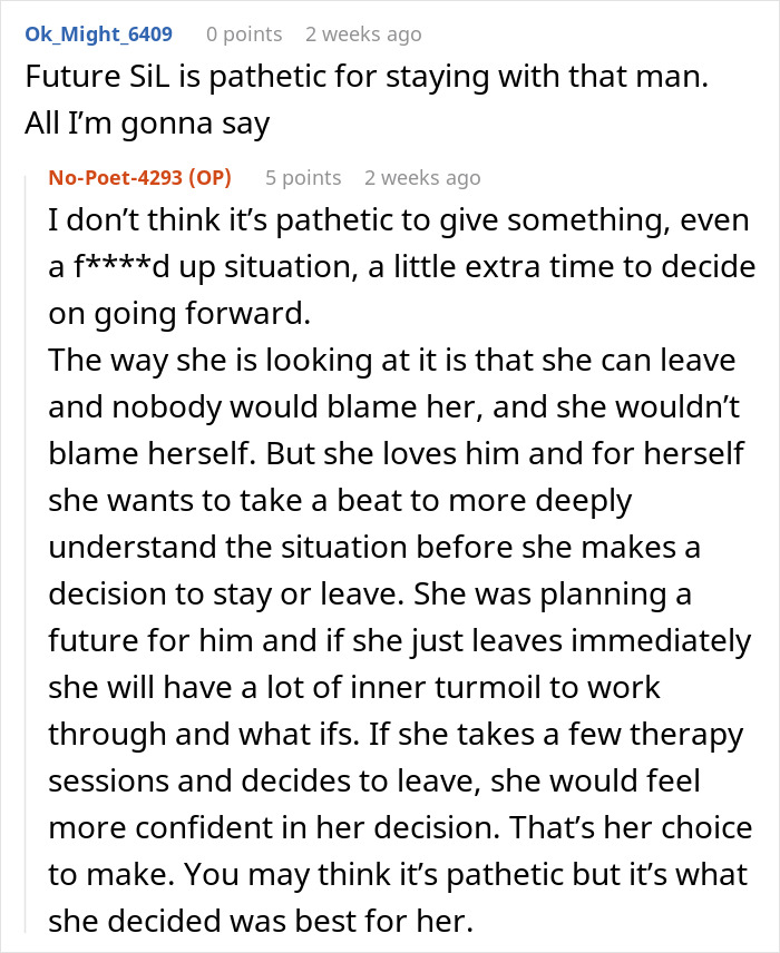 Reddit discussion about a man's confession of love for his sister-in-law during wedding dress shopping. Reddit discussion about a man's confession of love for his sister-in-law during wedding dress shopping.