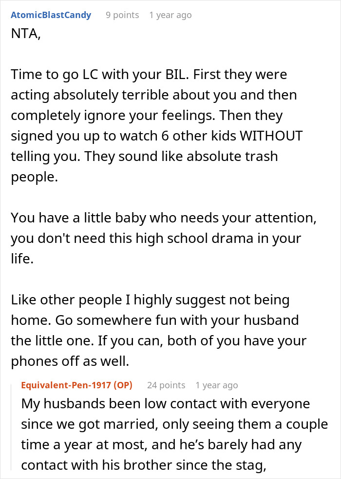 Reddit comment about family pressures and refusing to care for six kids at brother-in-law's wedding. Reddit comment about family pressures and refusing to care for six kids at brother-in-law's wedding.