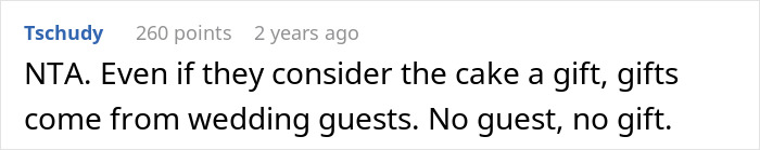 Comment discussing a wedding cake gift's cancellation due to uninvited guests. Comment discussing a wedding cake gift's cancellation due to uninvited guests.