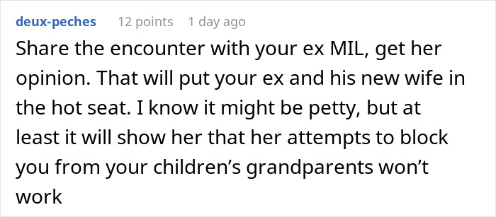 Reddit comment discussing how to handle a situation with an ex-MIL and ex’s new wife after receiving a birthday gift. Reddit comment discussing how to handle a situation with an ex-MIL and ex’s new wife after receiving a birthday gift.