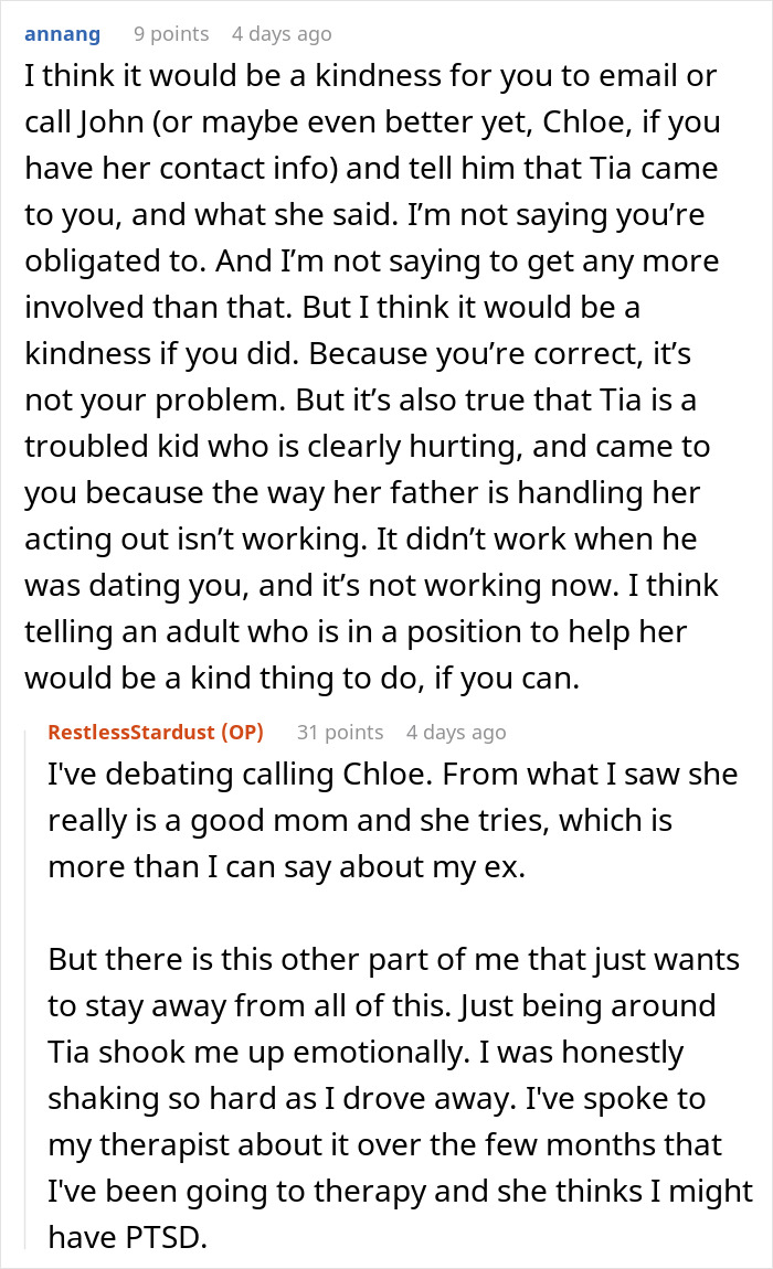 Reddit comments discussing a teen's emotional struggles with her dad's new and ex-girlfriend. Reddit comments discussing a teen's emotional struggles with her dad's new and ex-girlfriend.