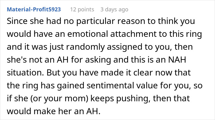 Forum discussion on heirloom ring conflict between siblings, addressing sentimental value and emotional attachment. Forum discussion on heirloom ring conflict between siblings, addressing sentimental value and emotional attachment.