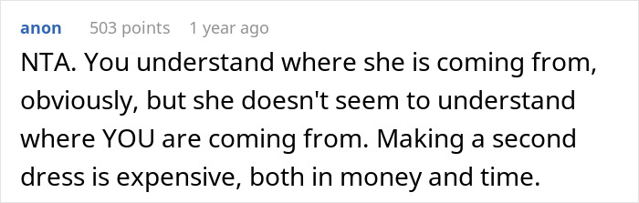 Comment discussing cost and effort of making a second wedding dress, highlighting a family disagreement. Comment discussing cost and effort of making a second wedding dress, highlighting a family disagreement.