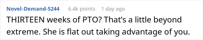 Reddit comment criticizing excessive PTO in a bereavement-employee-fetus-miscarriage context. Reddit comment criticizing excessive PTO in a bereavement-employee-fetus-miscarriage context.