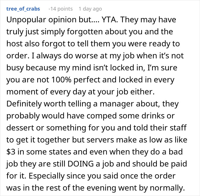 Comment discussing staff forgetting guests and tipping, mentioning servers making low wages and addressing management. Comment discussing staff forgetting guests and tipping, mentioning servers making low wages and addressing management.