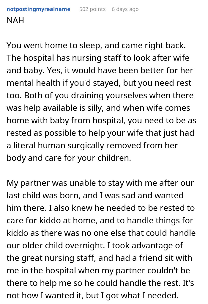 Reddit post discussing a man's decision not to stay with his wife after her C-section, seeking internet opinions. Reddit post discussing a man's decision not to stay with his wife after her C-section, seeking internet opinions.