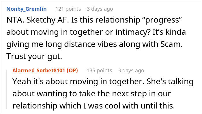 Comments discussing a girlfriend's request for her boyfriend's social security number for a background check. Comments discussing a girlfriend's request for her boyfriend's social security number for a background check.