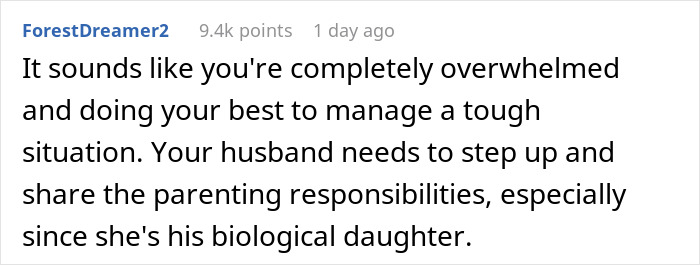 Comment discussing husband and parenting responsibility with daughter. Comment discussing husband and parenting responsibility with daughter.