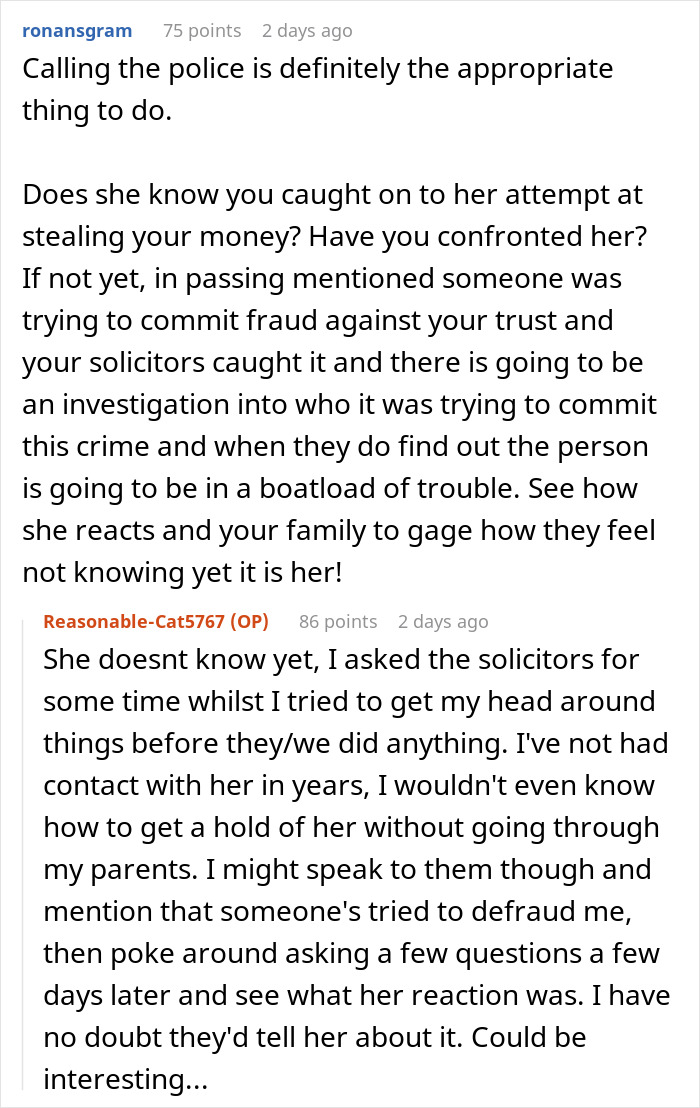 Text message discussing sister stealing from trust fund. Text message discussing sister stealing from trust fund.